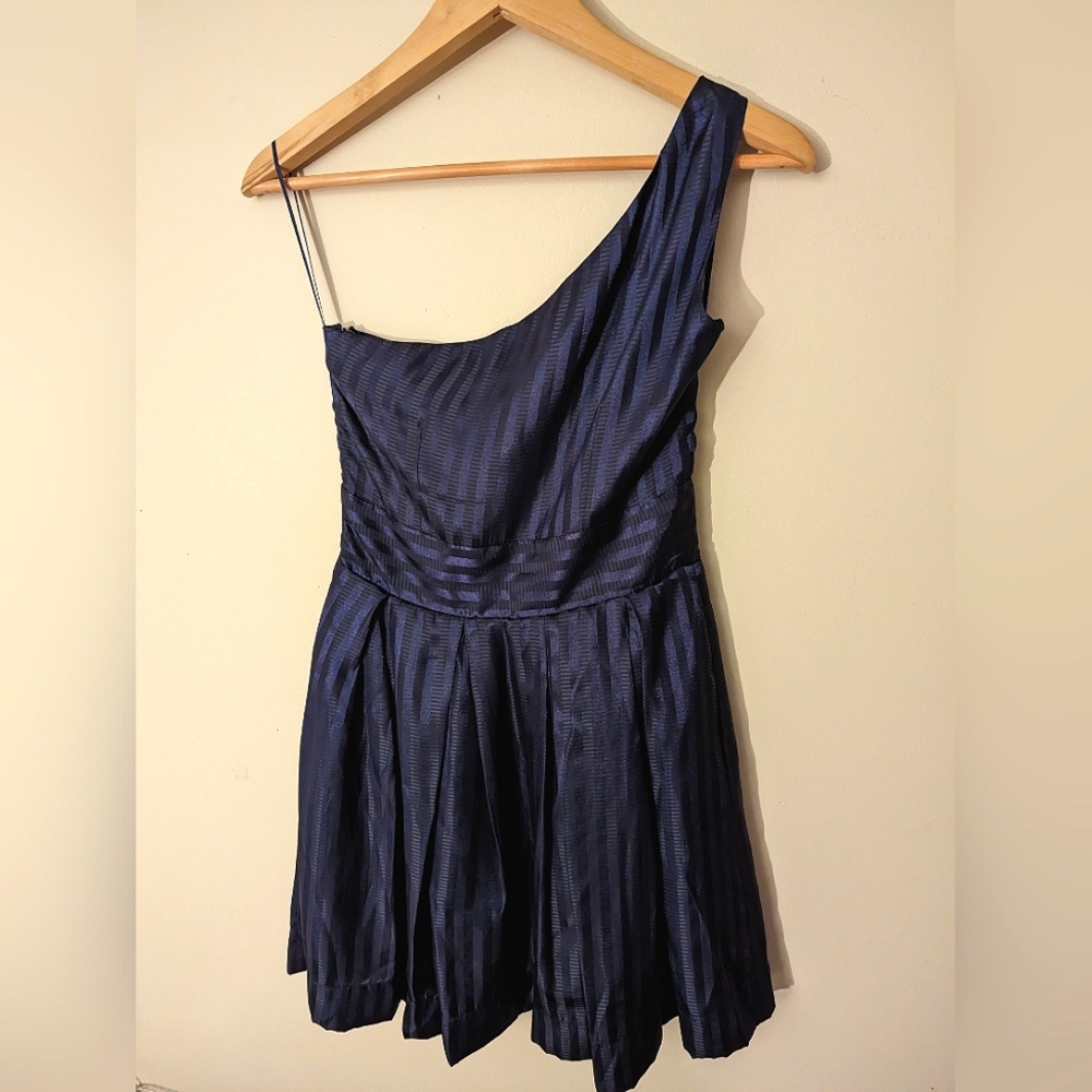 MANGO one shoulder navy strips dress